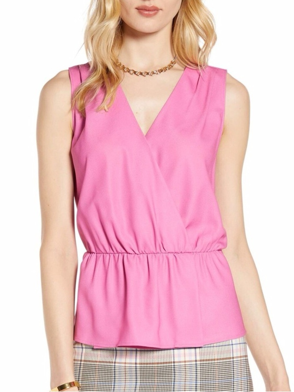 Halogen pink sleeveless blouse with V-neck and peplum waist, size XL